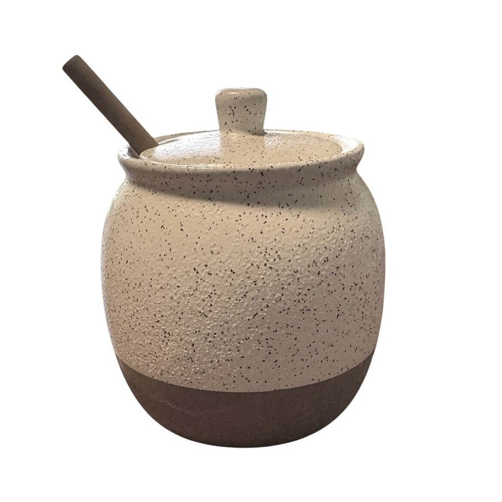 Smith and Hawken Stoneware Honey Pot with Dipper & Lid Speckled Cream Brown